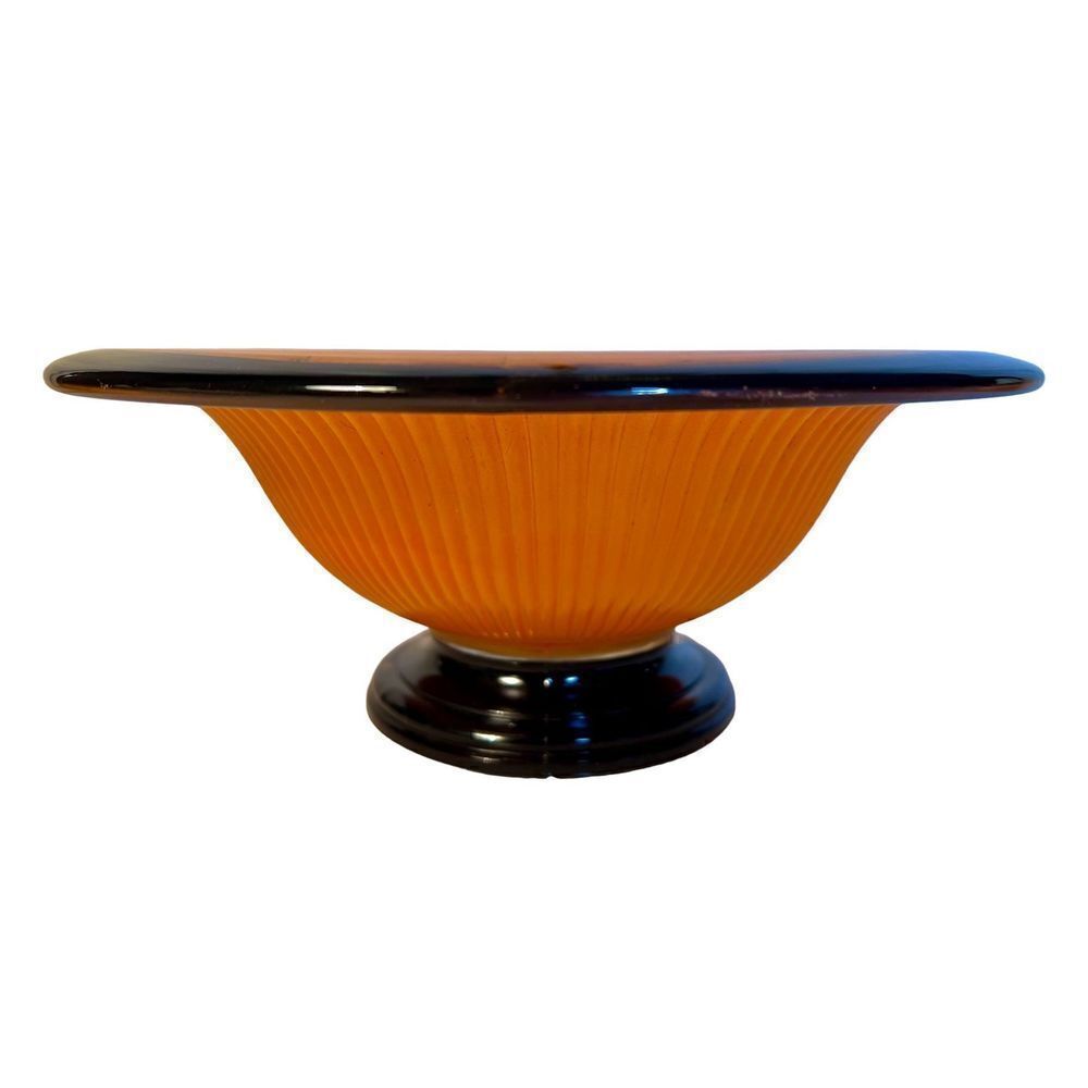 Vintage Art Deco Molded Orange And Black Cased Ribbed Fluted Bowl